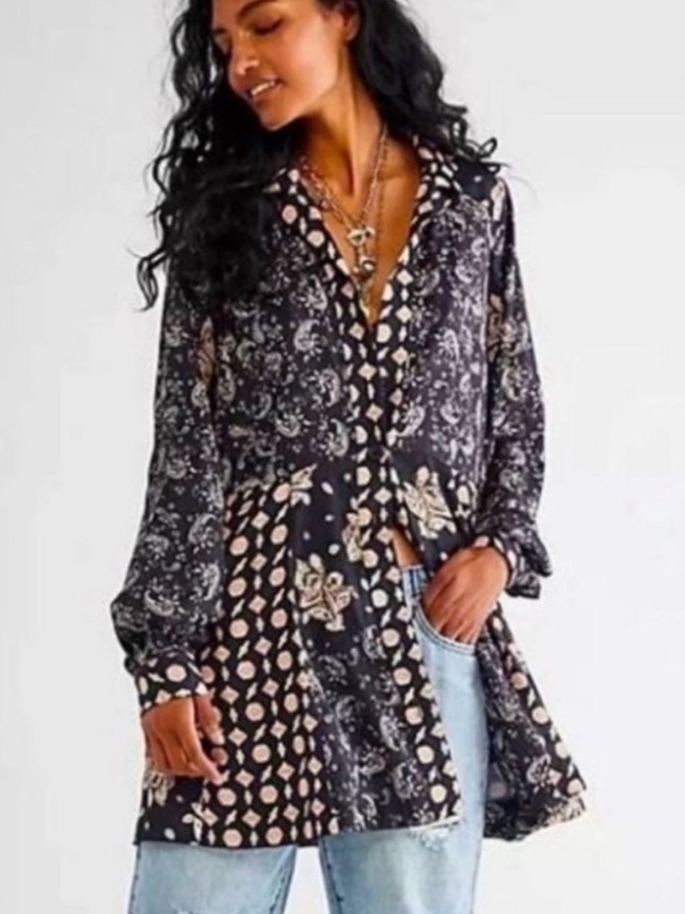 Free People Paisley Patchwork Button Up Tunic Top